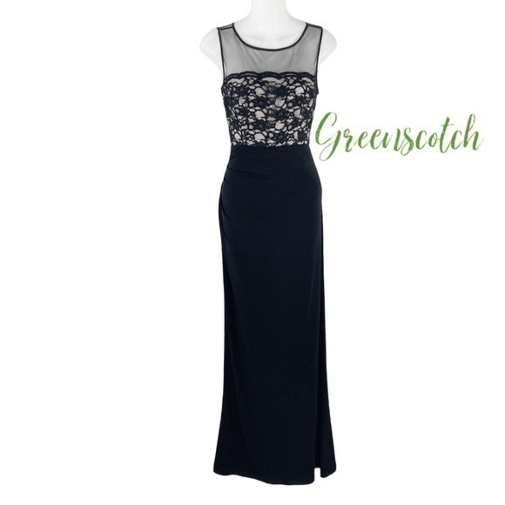 Eliza J black lace jersey sleeveless cocktail maxi gown dress 6 DD19